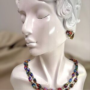 Vintage Boho Floral Bead Necklace & Clip On Earrings | 55” Statement